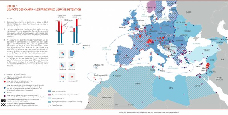 Les principaux lieux de détention en Europe. carte Migreurop